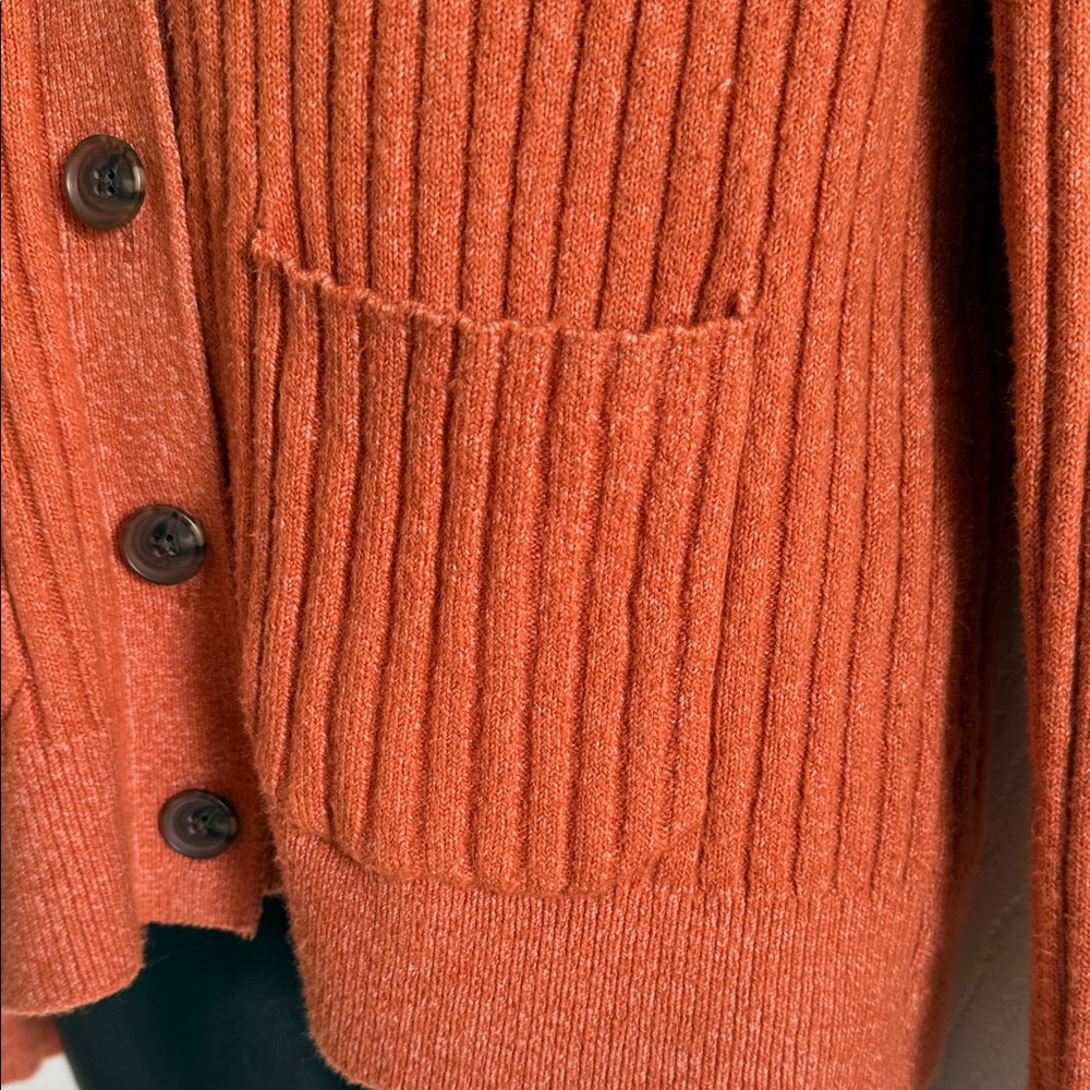 LOFT Ribbed Button-Front Cardigan in Rust Orange - Picture 3 of 4